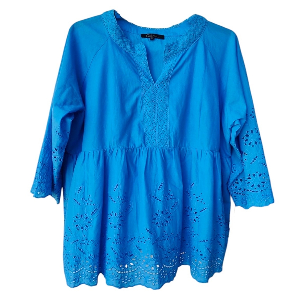 Calessa Light Blue Tunic Top Lace Cut Out Designs Bell Sleeves